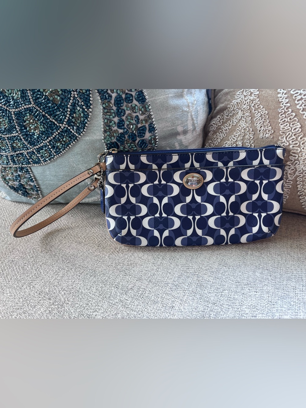 Coach Navy and White Signature Wristlet with Tan Strap